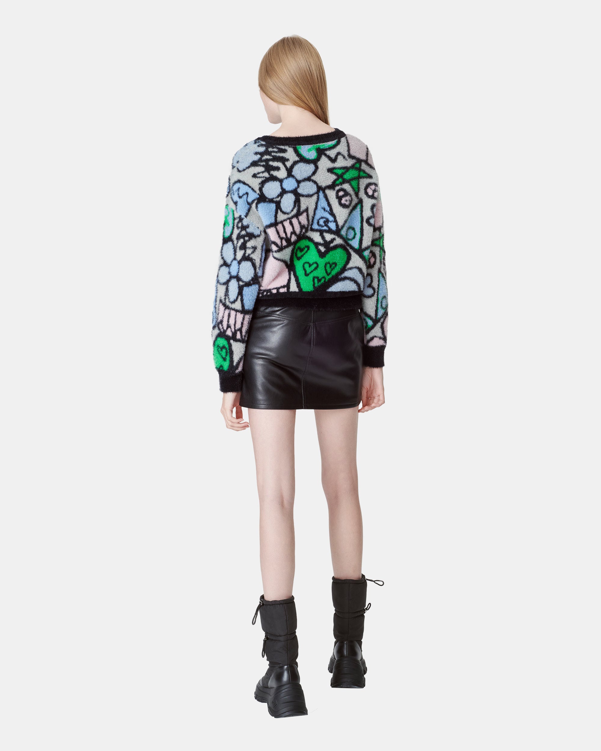 Women's Multicolor Abstract Graphic Brushed Cropped Jacquard Sweater
