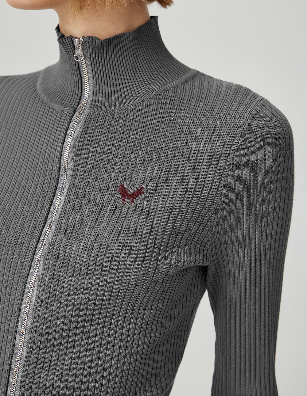 Women's High-Grade Grey Double-Zipper Slim Fit Knitted Cardigan