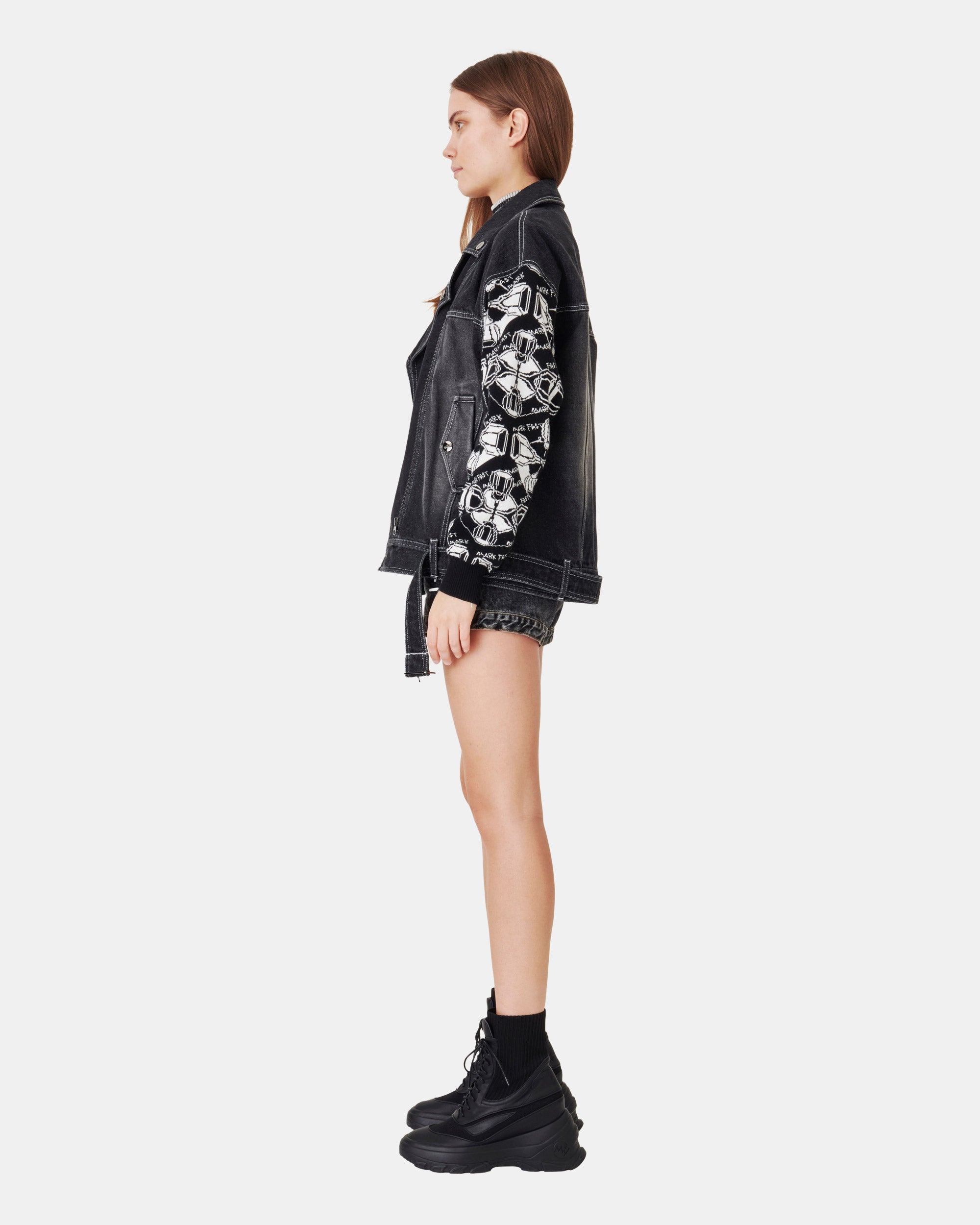 Women's Mixed Media Denim Biker Jacket with Jacquard Knit Sleeves