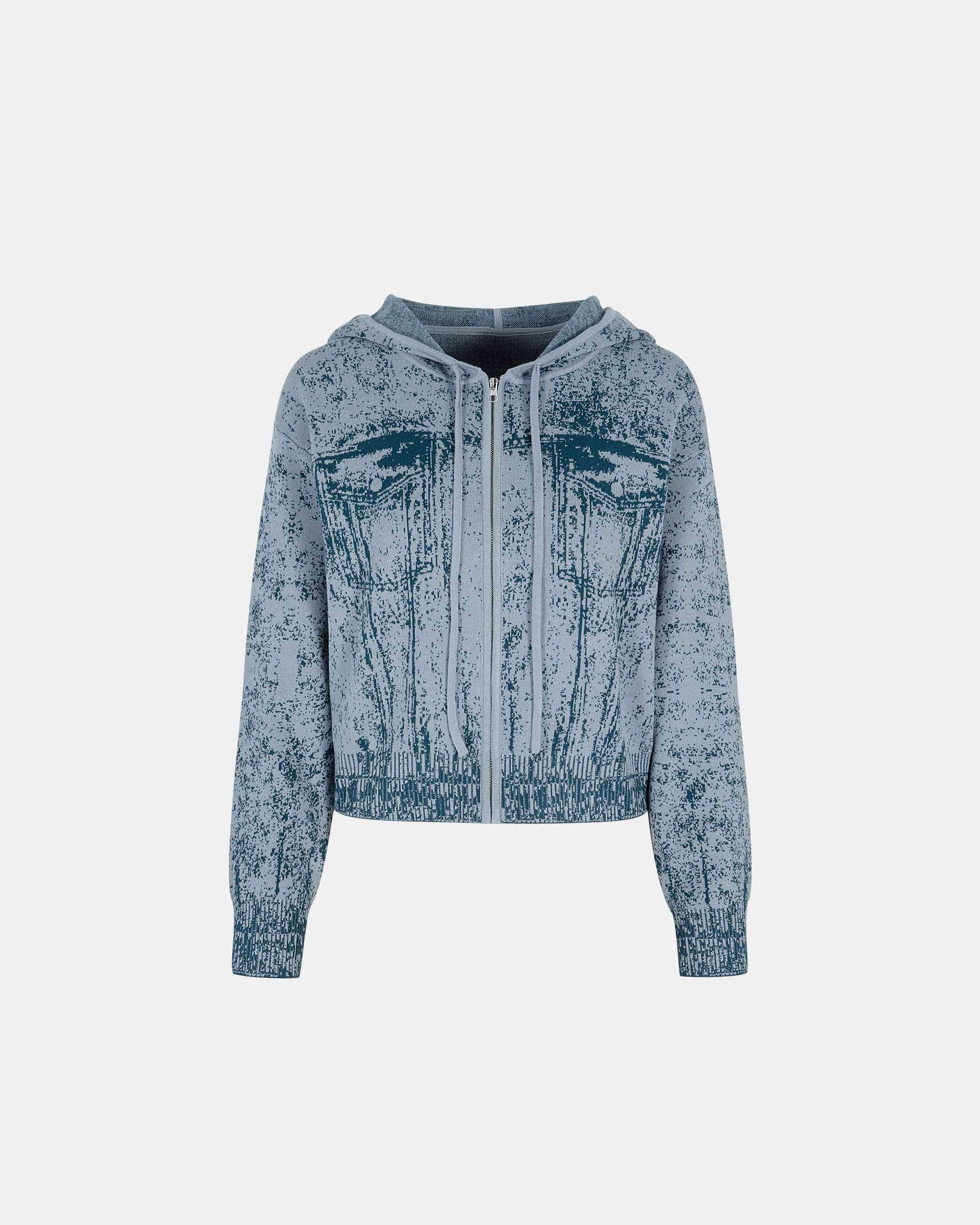 Women's Denim Blue Hooded Knitted Cardigan