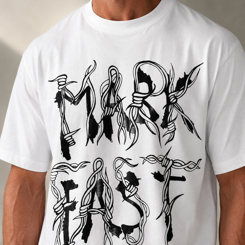 MarkFast Barbed Wire Letter Logo White Relaxed T-Shirts