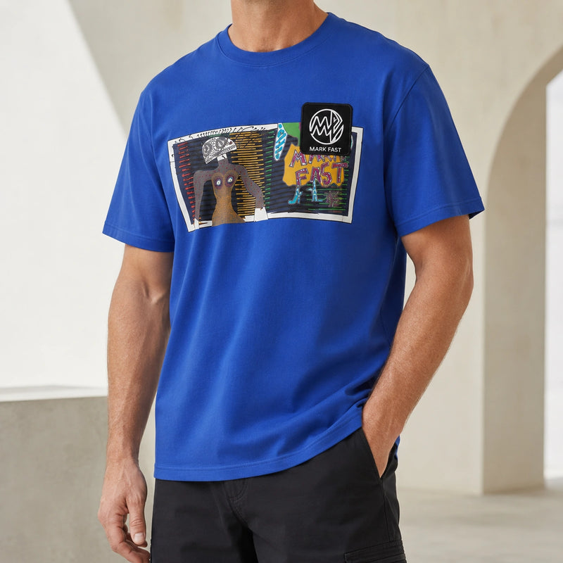 MarkFast Blue Crew Neck Printed Cotton T-Shirts