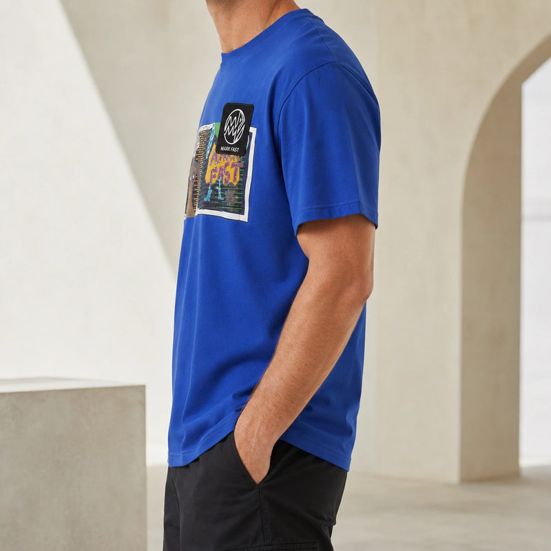 MarkFast Blue Crew Neck Printed Cotton T-Shirts