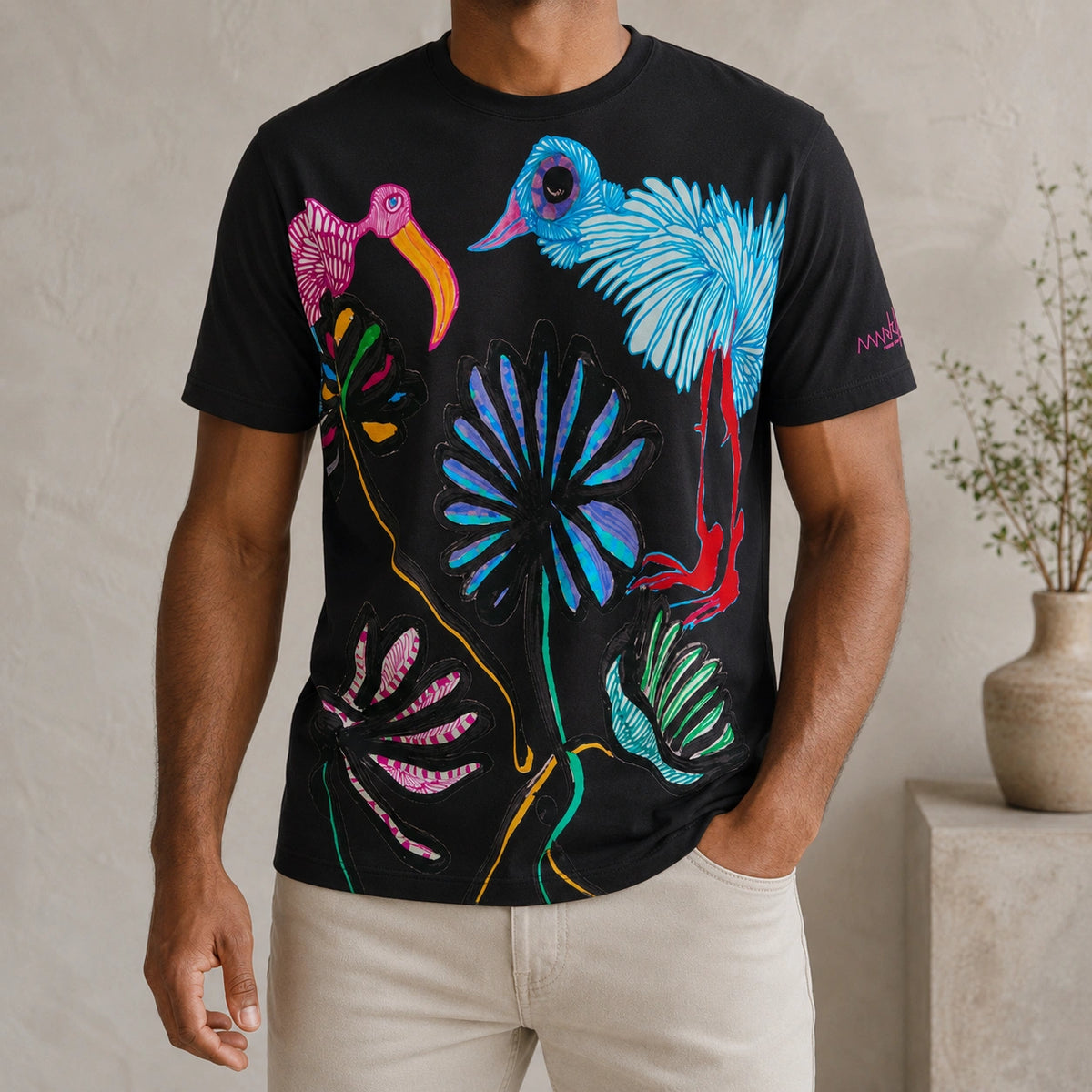 MarkFast Colorful Hand-drawn Crane Floral Art Street T-Shirts
