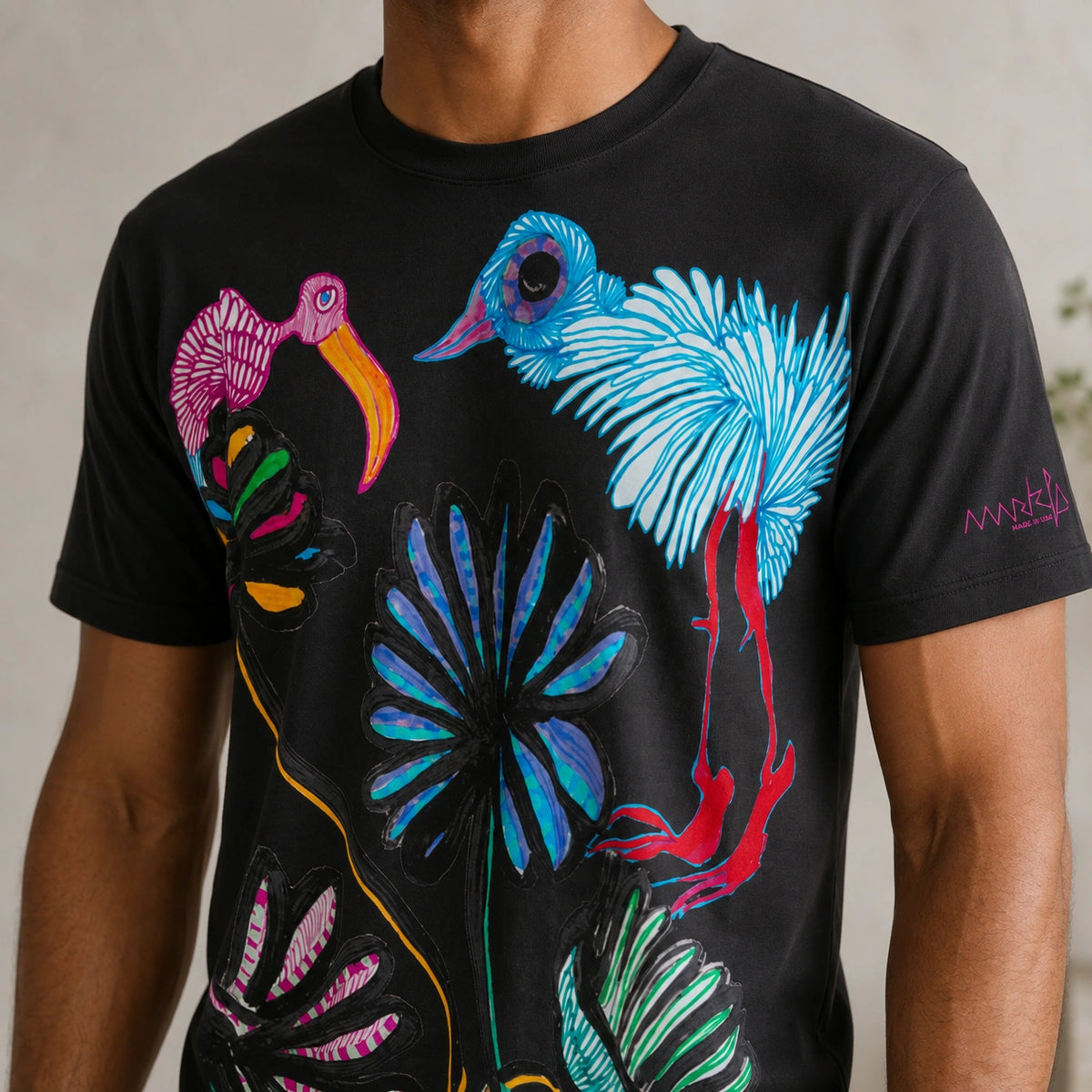 MarkFast Colorful Hand-drawn Crane Floral Art Street T-Shirts