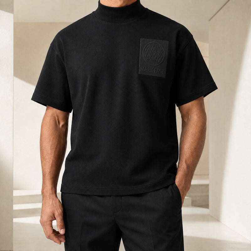 MarkFast Embossed Leather Patch Mock Neck Cotton T-Shirts