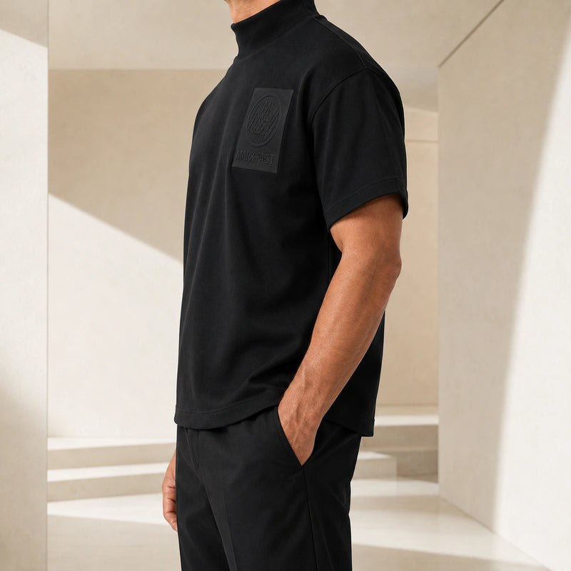 MarkFast Embossed Leather Patch Mock Neck Cotton T-Shirts