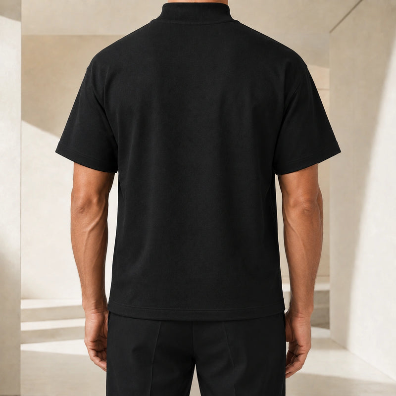 MarkFast Embossed Leather Patch Mock Neck Cotton T-Shirts