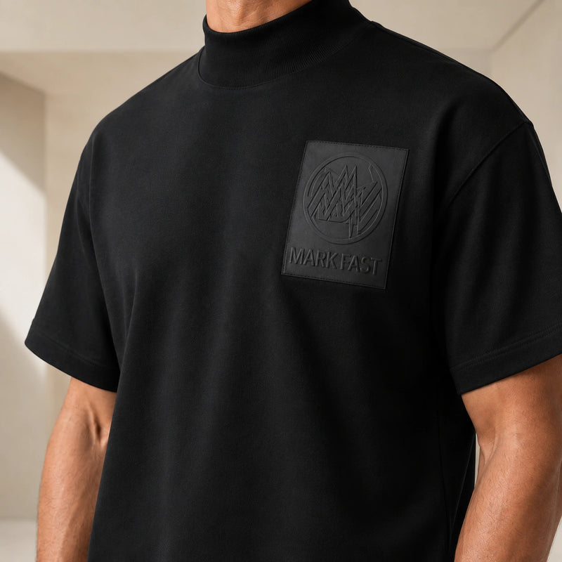 MarkFast Embossed Leather Patch Mock Neck Cotton T-Shirts