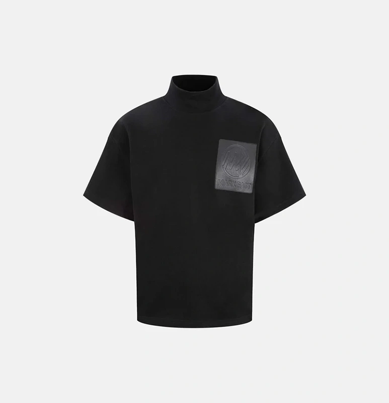 MarkFast Embossed Leather Patch Mock Neck Cotton T-Shirts