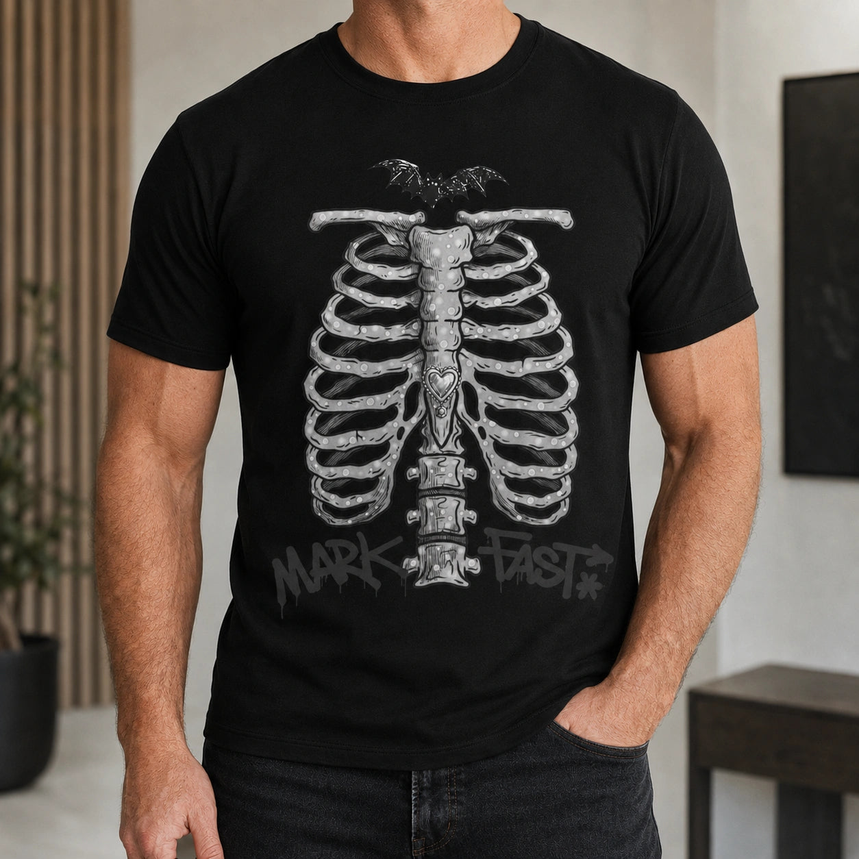 MarkFast Graffiti Bone Vintage Dark Casual T-Shirts