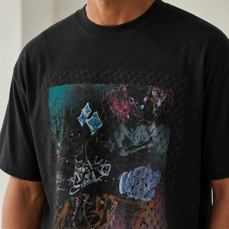 MarkFast Threaded Grid Lightning Pattern Abstract Print Loose Cotton T-Shirts
