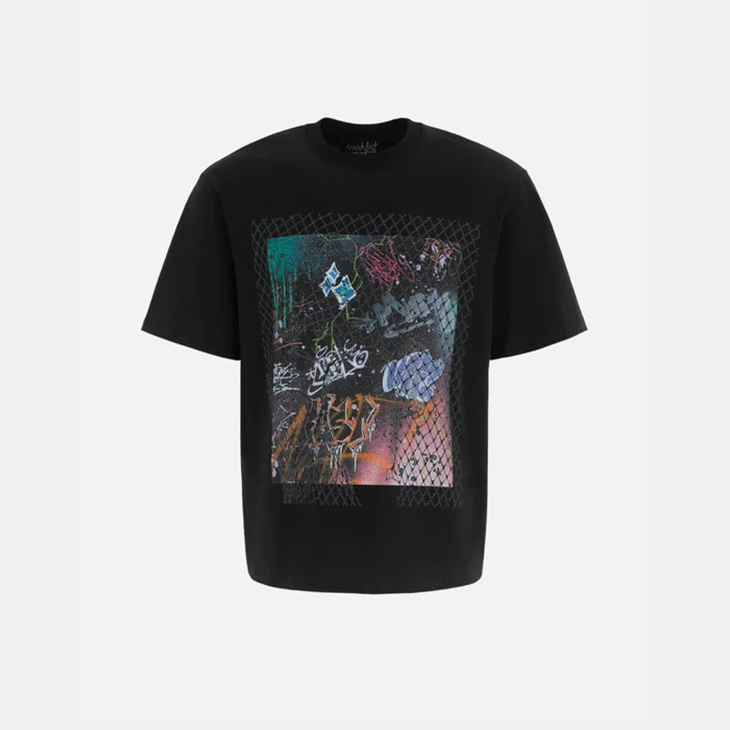 MarkFast Threaded Grid Lightning Pattern Abstract Print Loose Cotton T-Shirts