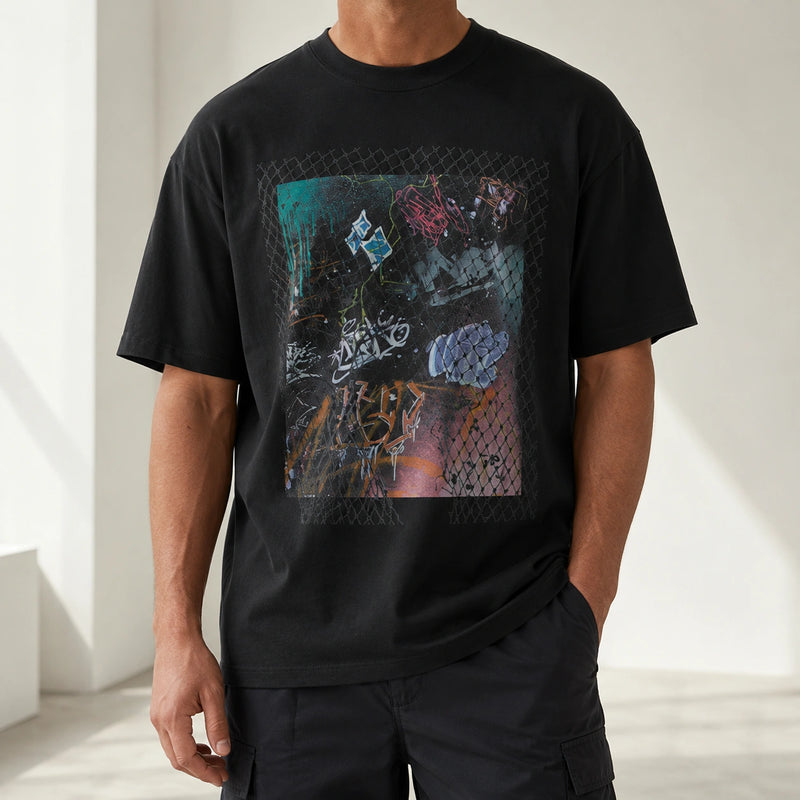 MarkFast Threaded Grid Lightning Pattern Abstract Print Loose Cotton T-Shirts