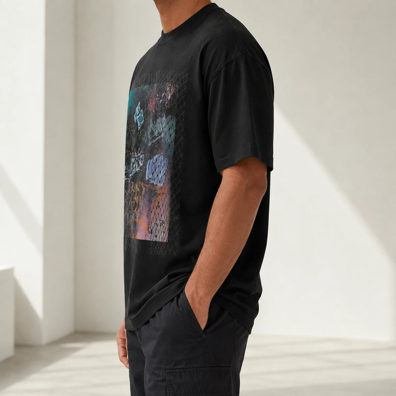 MarkFast Threaded Grid Lightning Pattern Abstract Print Loose Cotton T-Shirts