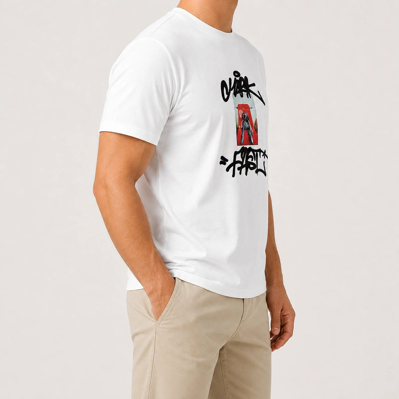 MarkFast Threaded Round Neck Abstract Digital Printing All-Match Pure White T-shirts