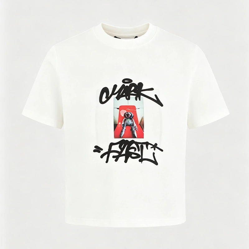 MarkFast Threaded Round Neck Abstract Digital Printing All-Match Pure White T-shirts