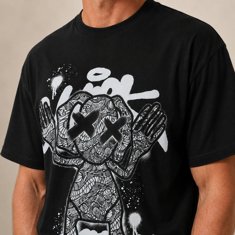 MarkFast Threaded Small Round Neck Abstract Monster Print Loose Cotton T-Shirts