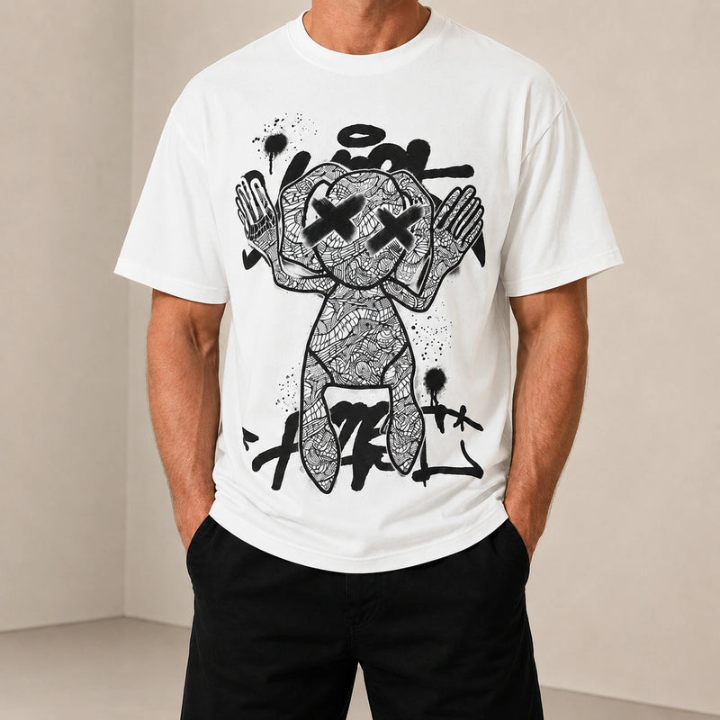 MarkFast Threaded Small Round Neck Abstract Monster Print Loose Cotton T-Shirts