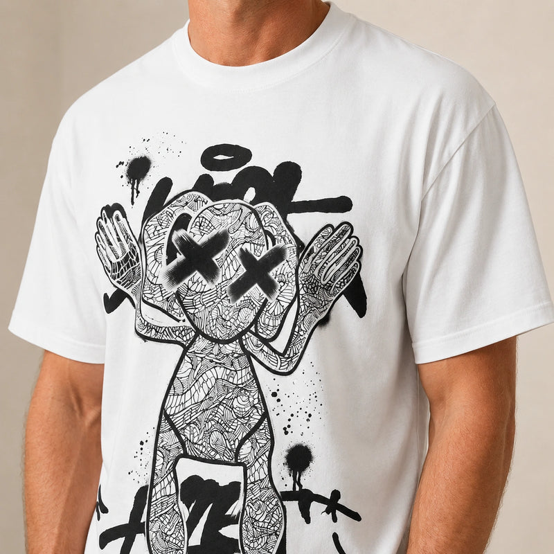 MarkFast Threaded Small Round Neck Abstract Monster Print Loose Cotton T-Shirts