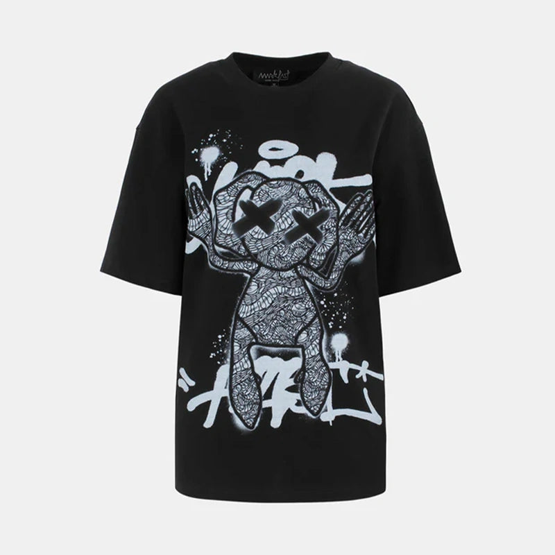 MarkFast Threaded Small Round Neck Abstract Monster Print Loose Cotton T-Shirts