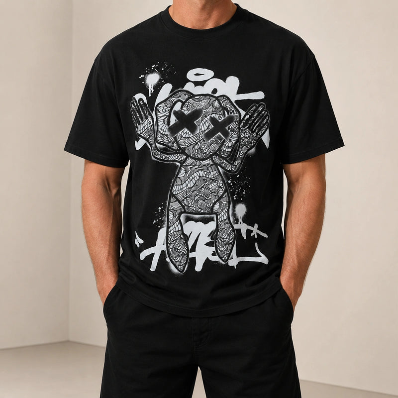 MarkFast Threaded Small Round Neck Abstract Monster Print Loose Cotton T-Shirts