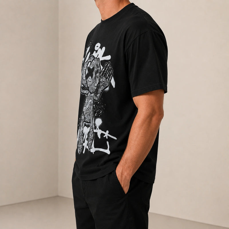 MarkFast Threaded Small Round Neck Abstract Monster Print Loose Cotton T-Shirts