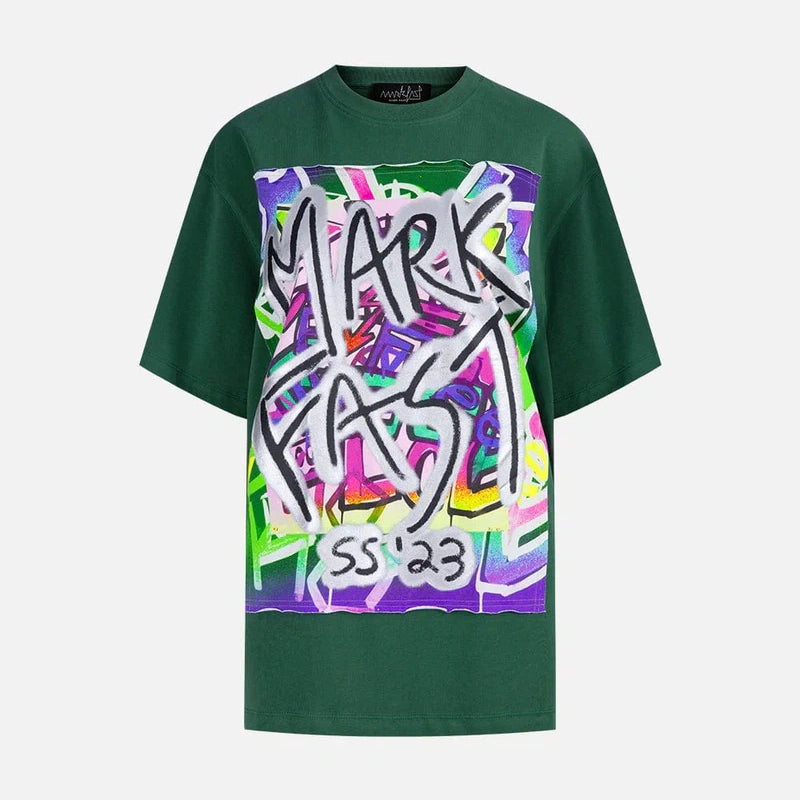 MarkFast style dark green printed loose short-sleeved T-shirts