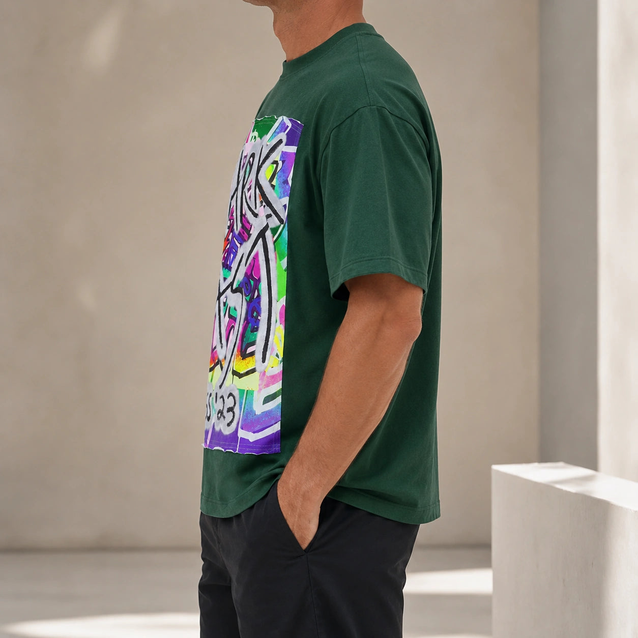 MarkFast style dark green printed loose short-sleeved T-shirts