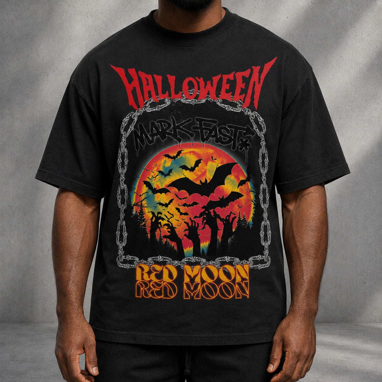 MarkFast Vintage Chain Border Orange Moon Bat Grunge T-shirt