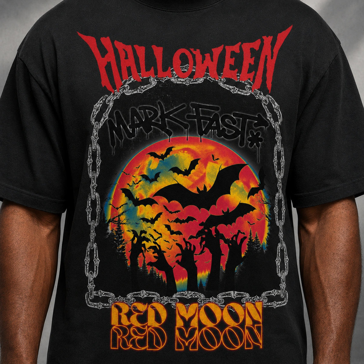 MarkFast Vintage Chain Border Orange Moon Bat Grunge T-shirt