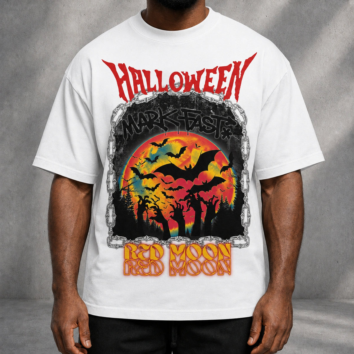 MarkFast Vintage Chain Border Orange Moon Bat Grunge T-shirt