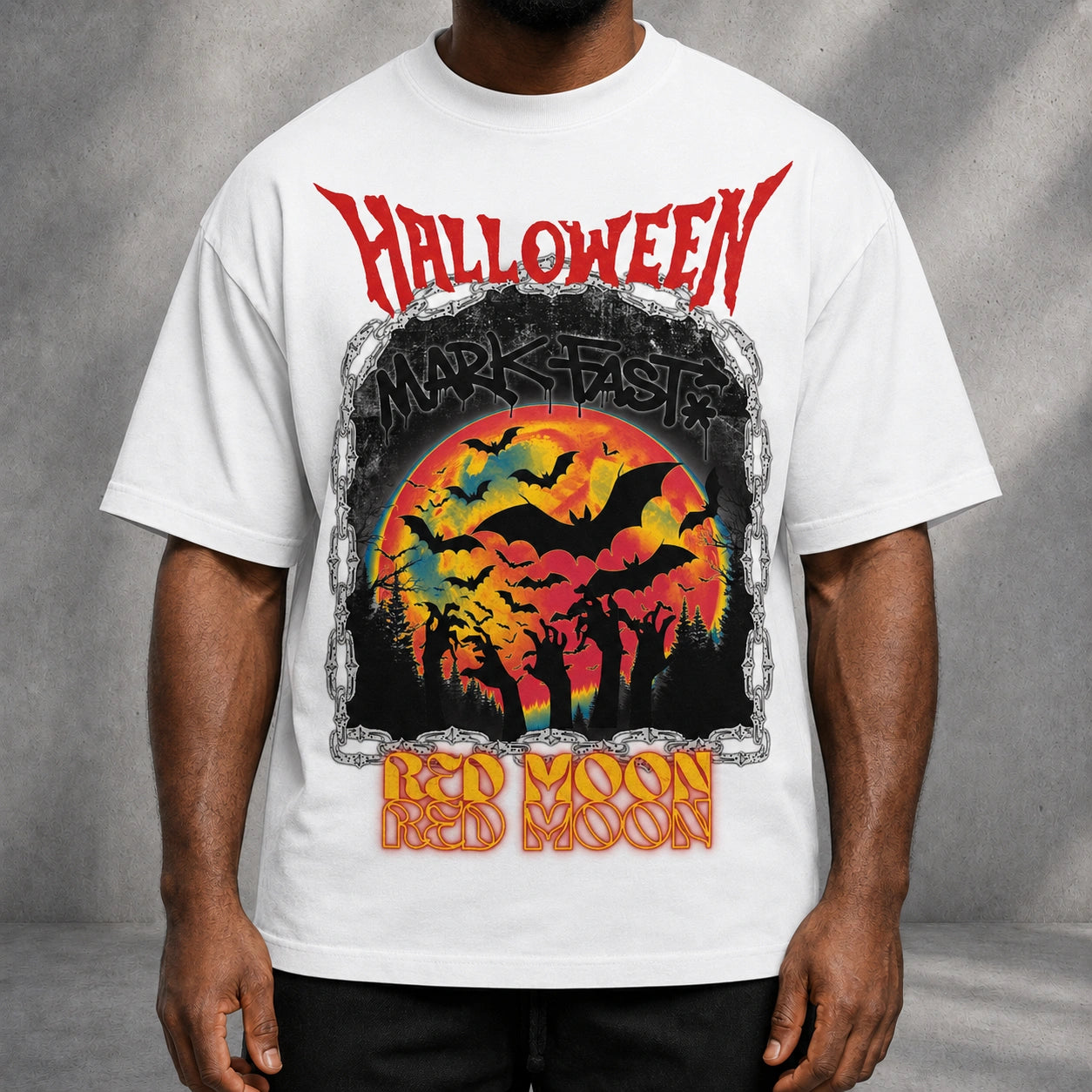 MarkFast Vintage Chain Border Orange Moon Bat Grunge T-shirt