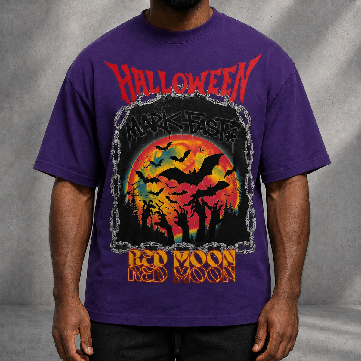 MarkFast Vintage Chain Border Orange Moon Bat Grunge T-shirt