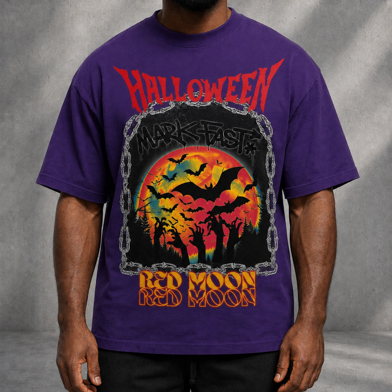 MarkFast Vintage Chain Border Orange Moon Bat Grunge T-shirt
