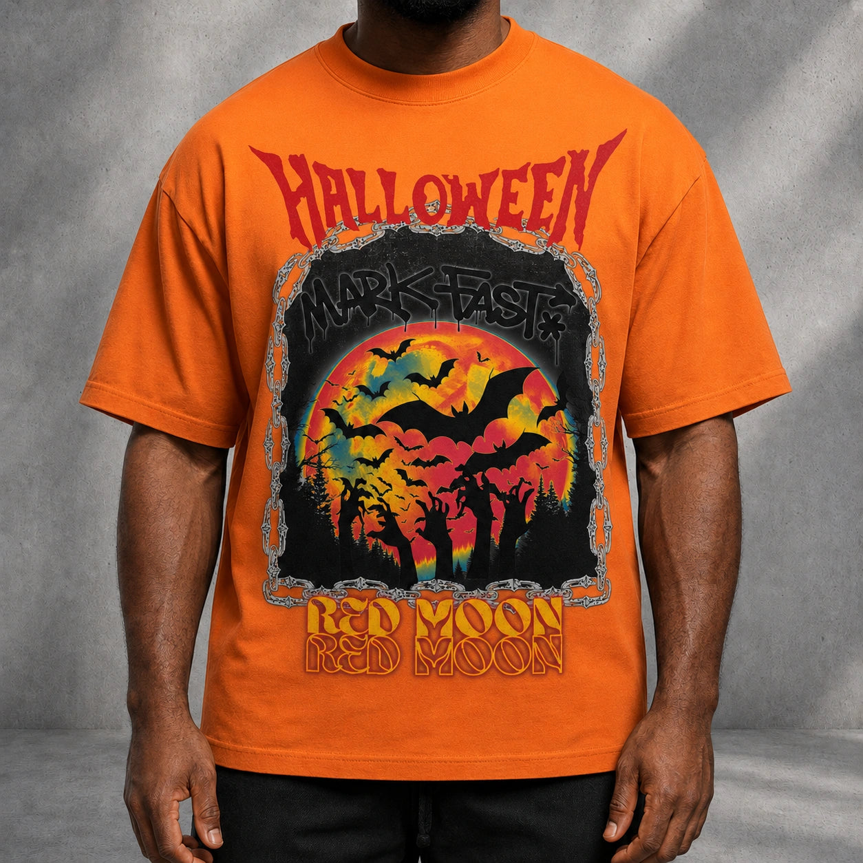MarkFast Vintage Chain Border Orange Moon Bat Grunge T-shirt