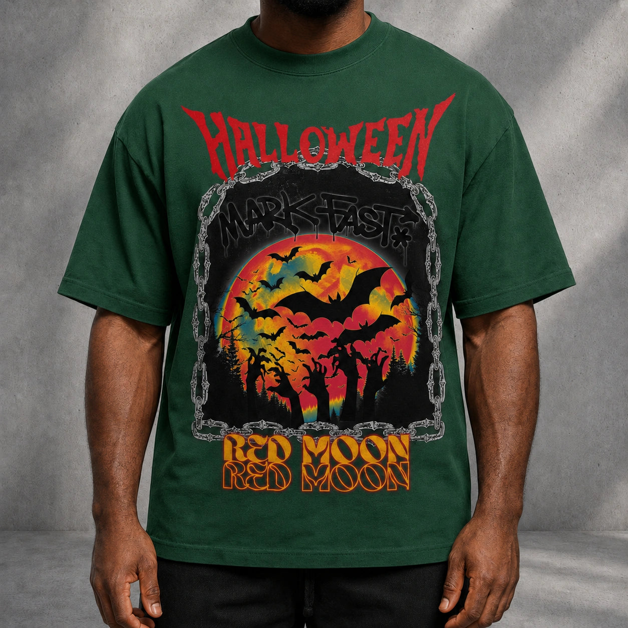 MarkFast Vintage Chain Border Orange Moon Bat Grunge T-shirt