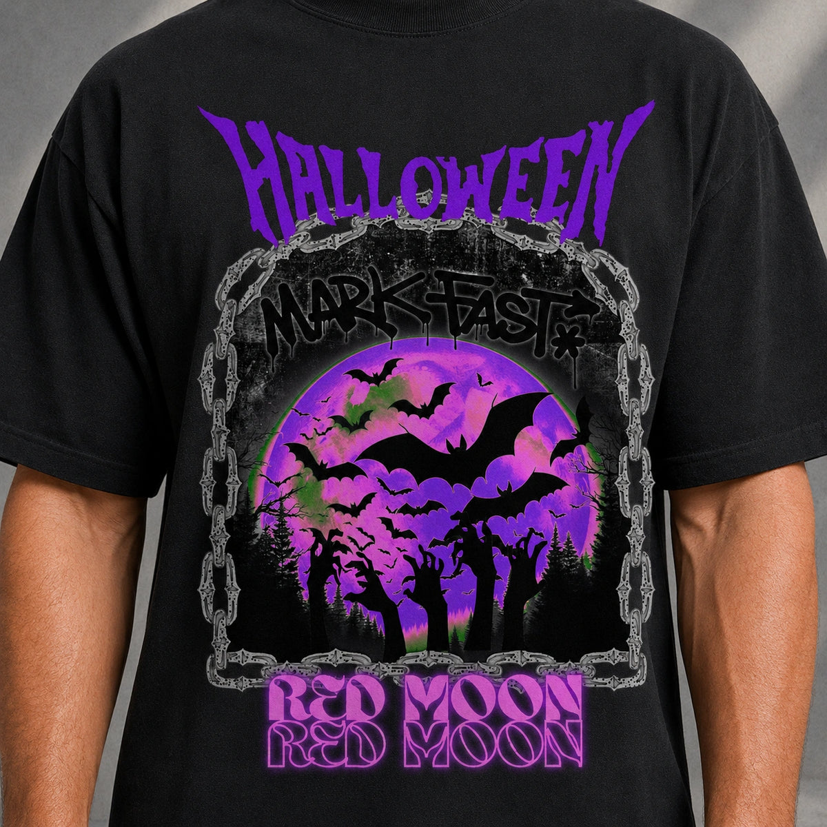 MarkFast Vintage Purple Halloween Bat Red Moon Graphic T-shirt