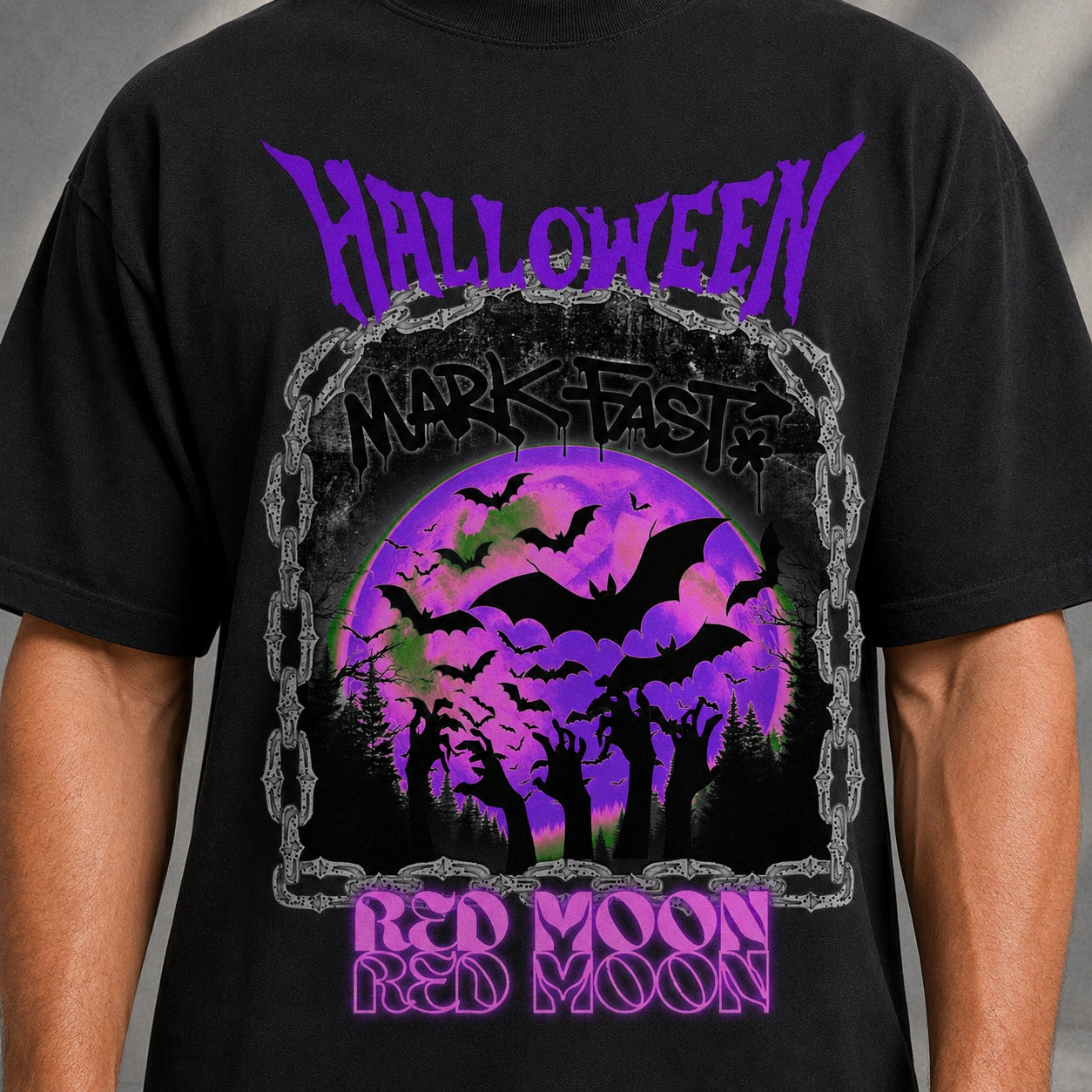 MarkFast Vintage Purple Halloween Bat Red Moon Graphic T-shirt