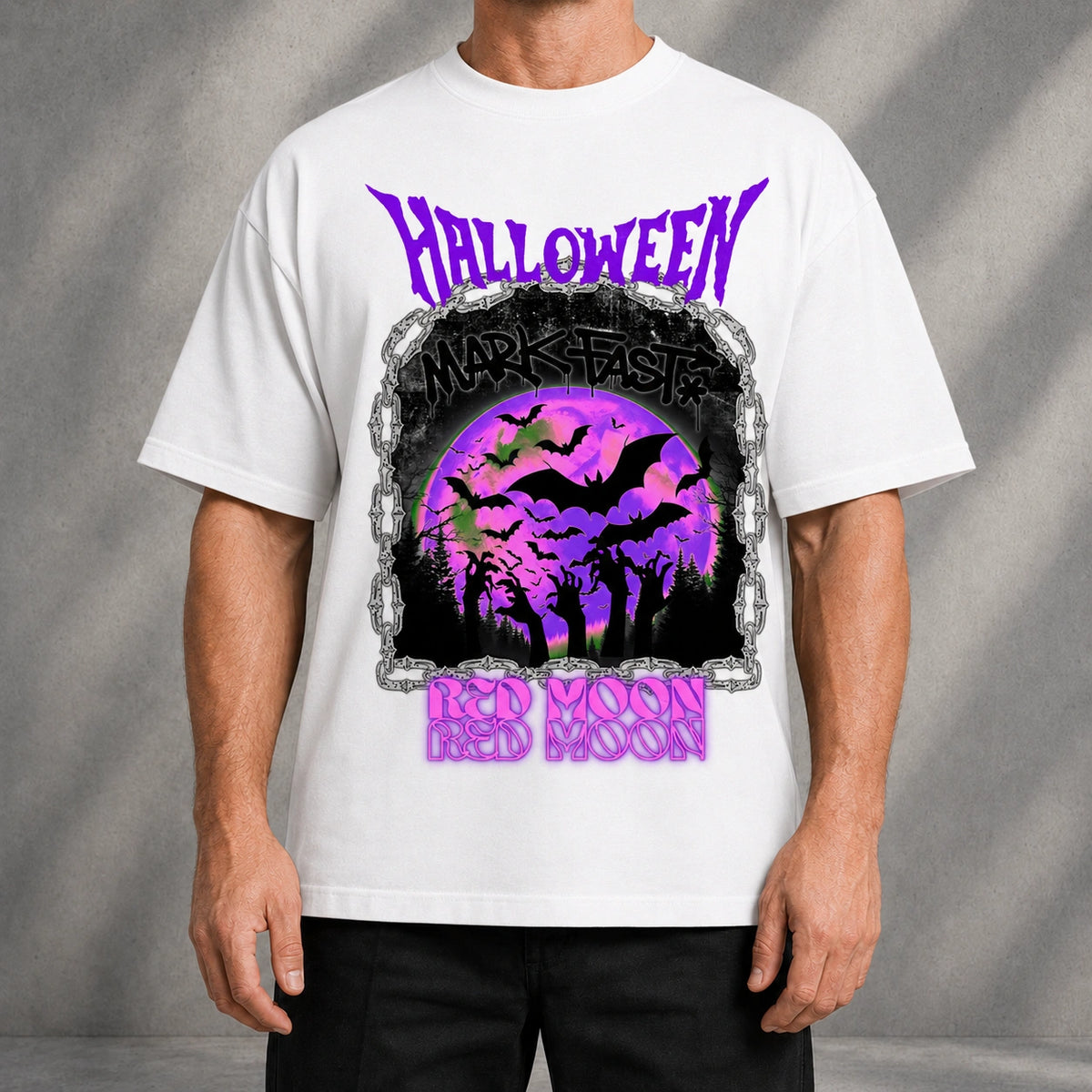 MarkFast Vintage Purple Halloween Bat Red Moon Graphic T-shirt