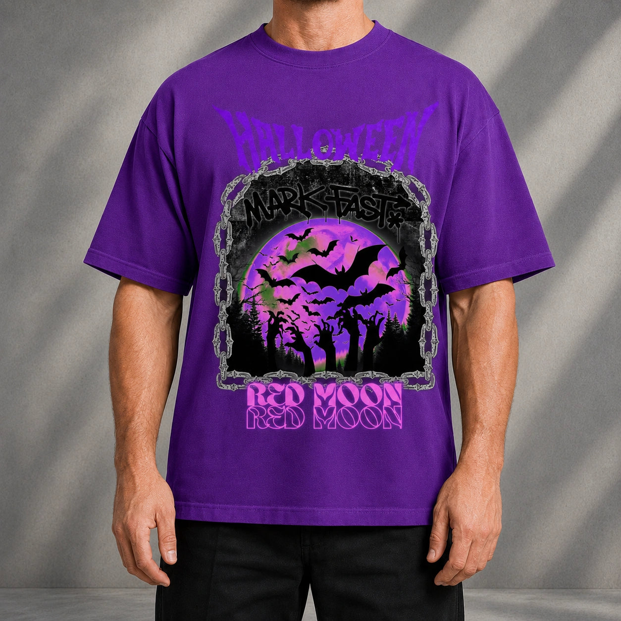 MarkFast Vintage Purple Halloween Bat Red Moon Graphic T-shirt