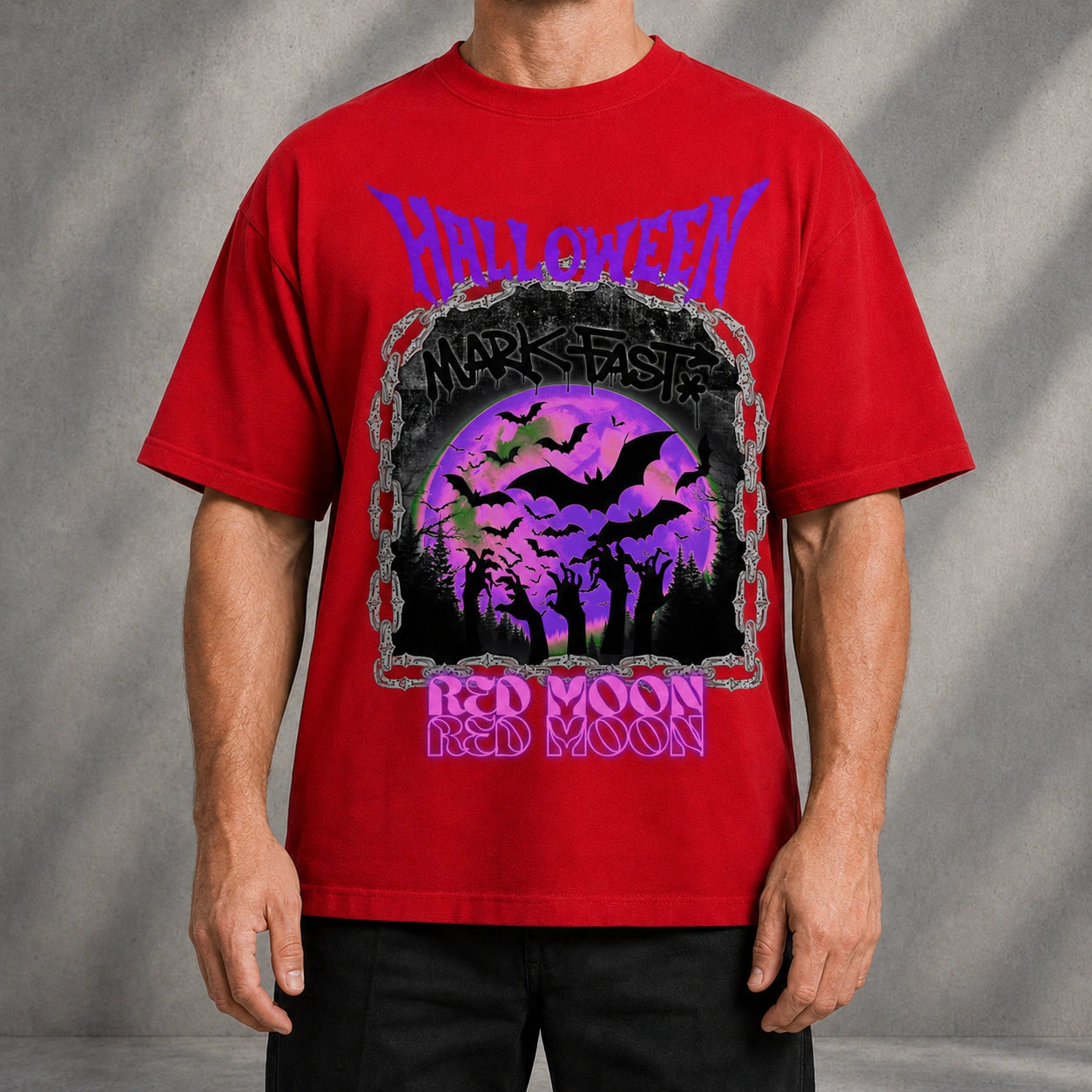 MarkFast Vintage Purple Halloween Bat Red Moon Graphic T-shirt