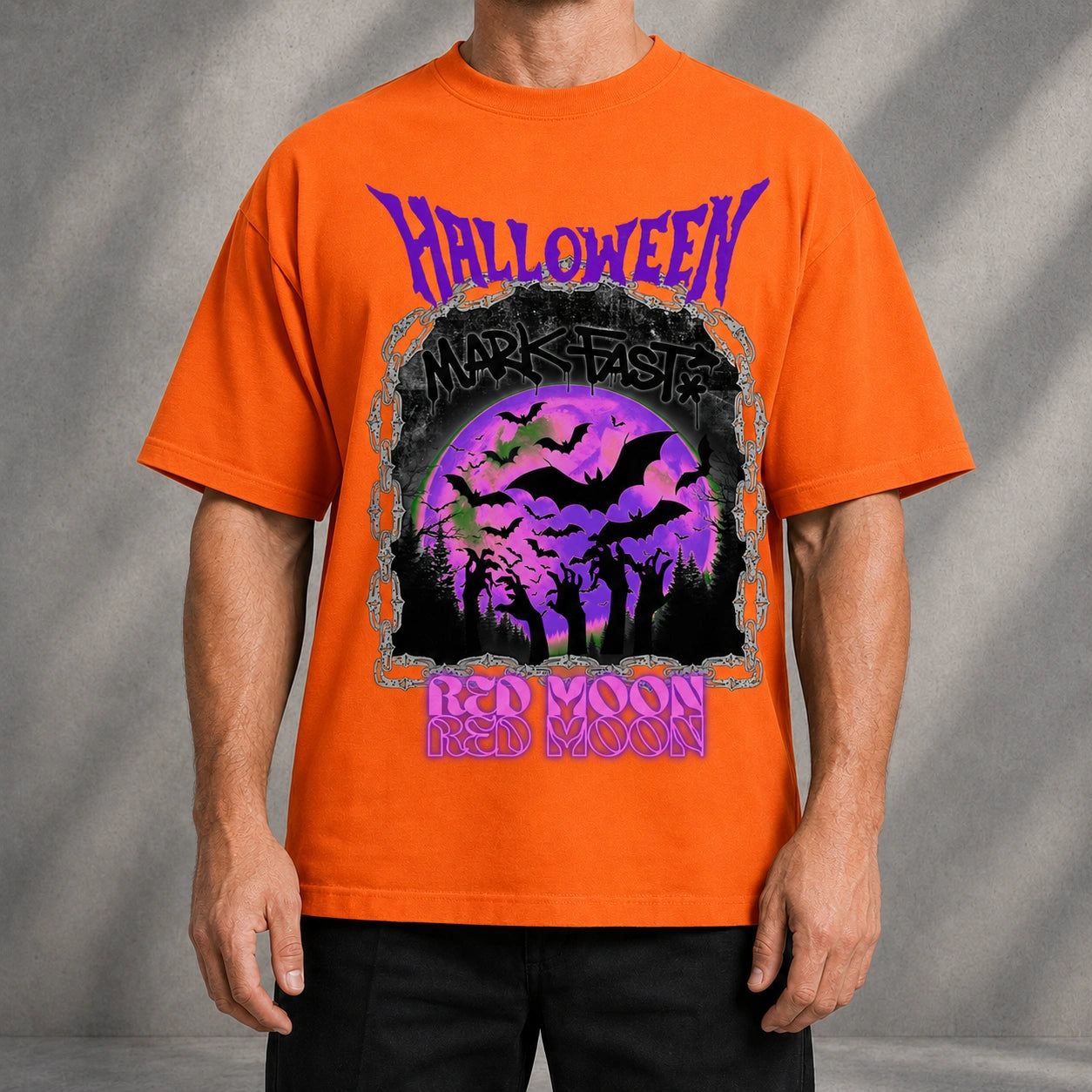MarkFast Vintage Purple Halloween Bat Red Moon Graphic T-shirt