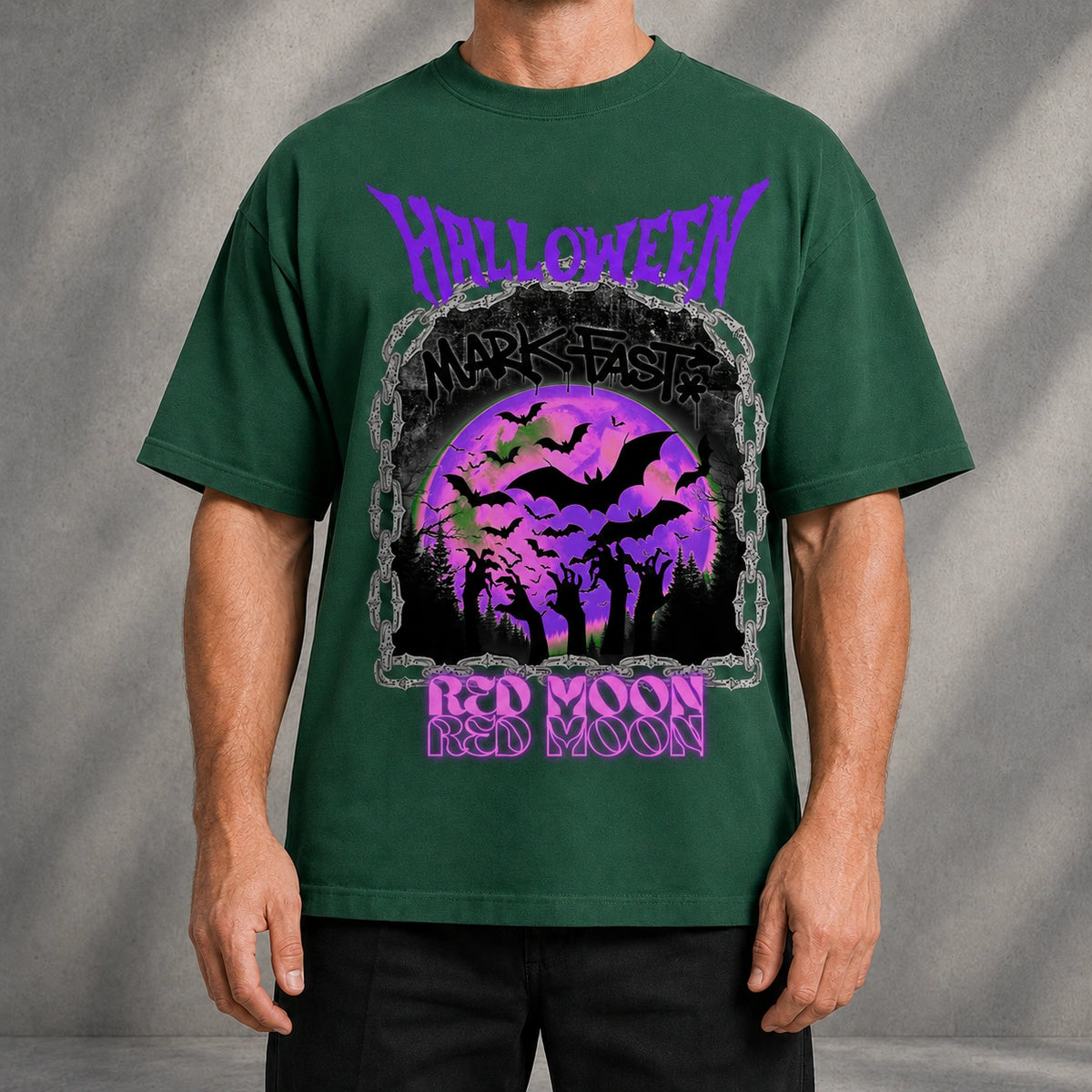 MarkFast Vintage Purple Halloween Bat Red Moon Graphic T-shirt