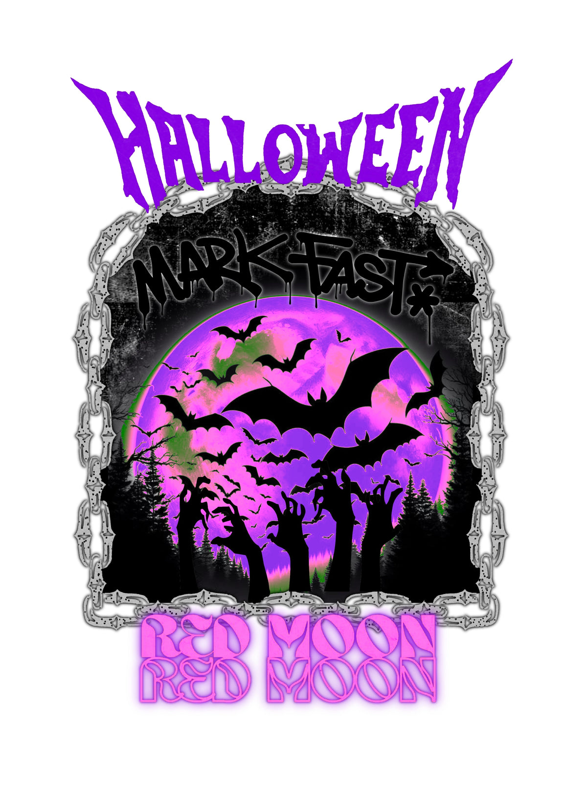 MarkFast Vintage Purple Halloween Bat Red Moon Graphic T-shirt