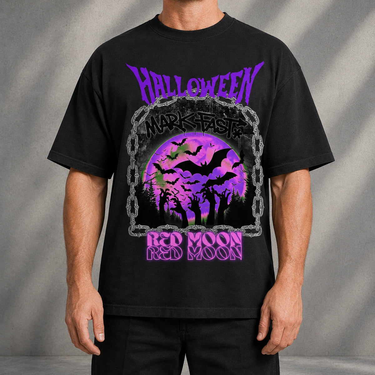 MarkFast Vintage Purple Halloween Bat Red Moon Graphic T-shirt