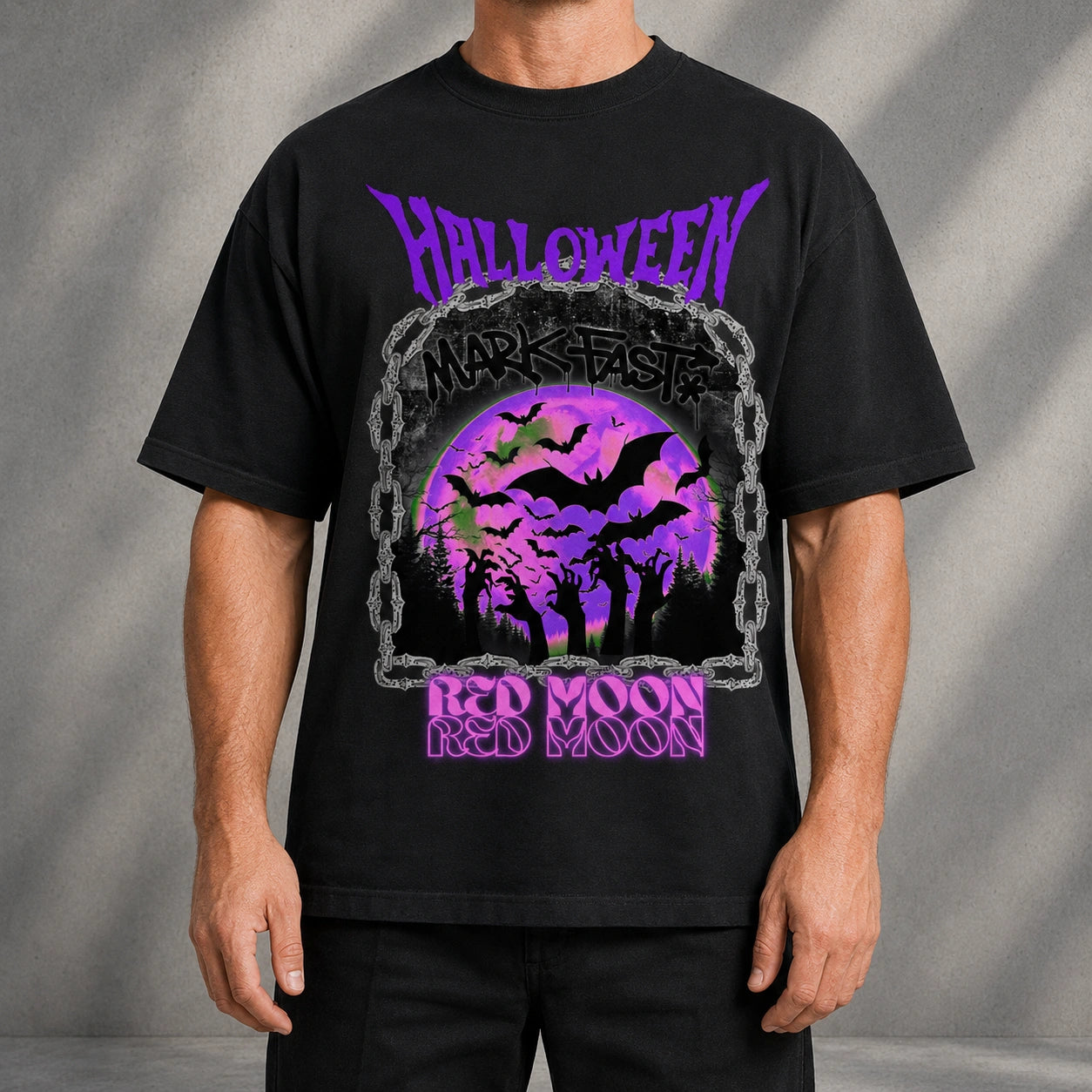 MarkFast Vintage Purple Halloween Bat Red Moon Graphic T-shirt