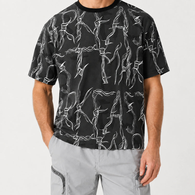 Men's Black Thorn Print Cotton T-Shirt