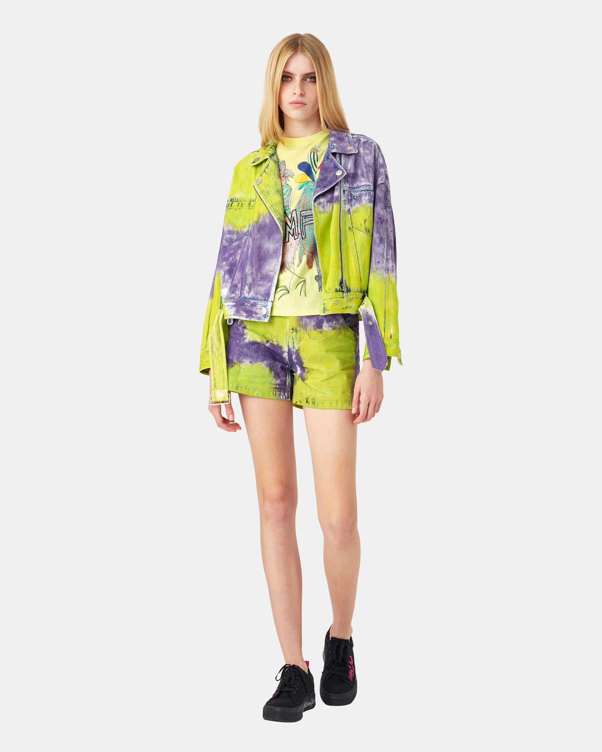 Women's Cyberpunk Neon Tie Dye Asymmetrical Zip Denim Jacket
