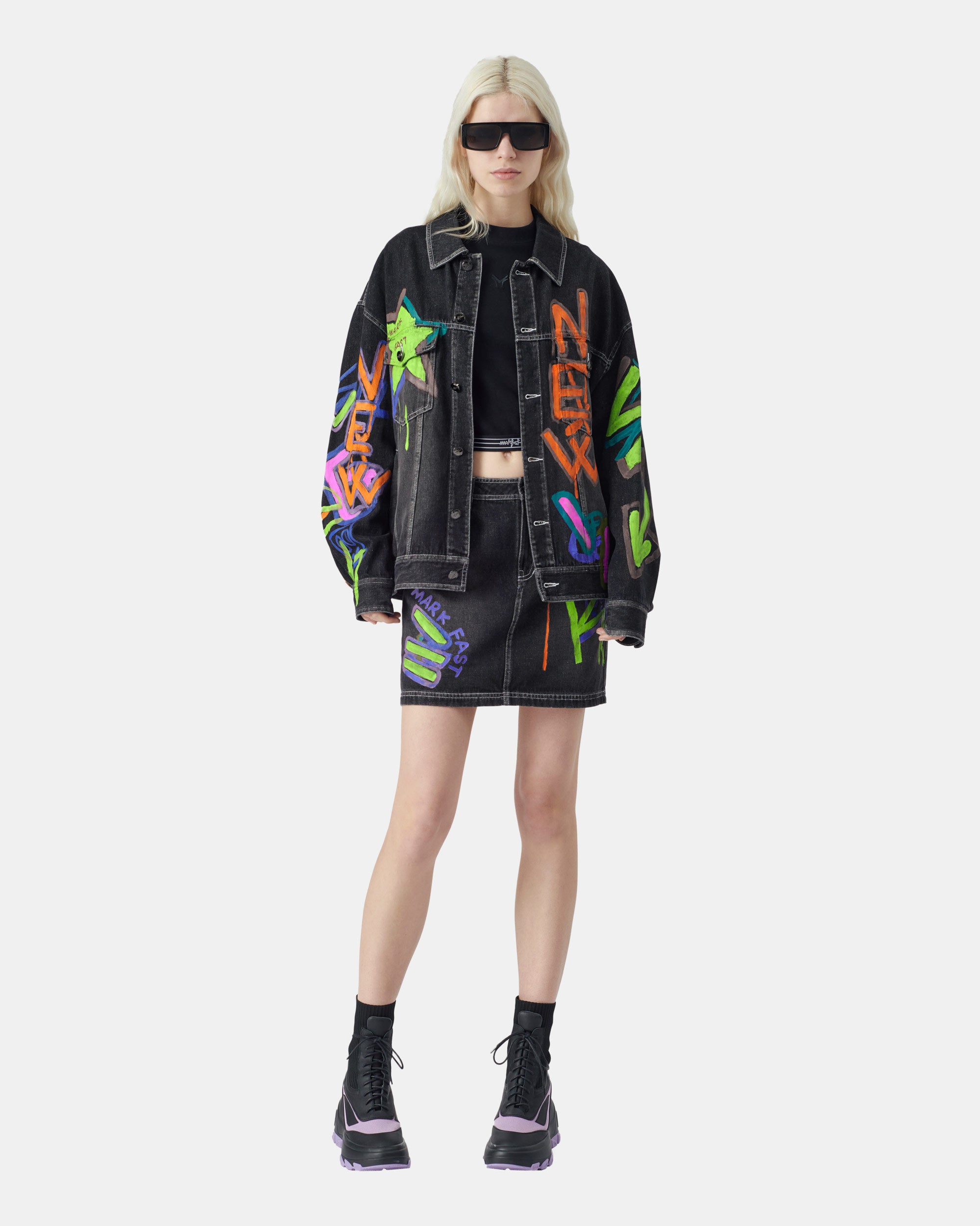 Unisex graffiti print black denim jacket